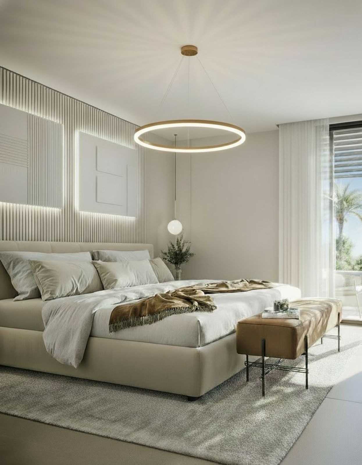 Moderne soverom i Villa Oria med unik belysning og en komfortabel seng.