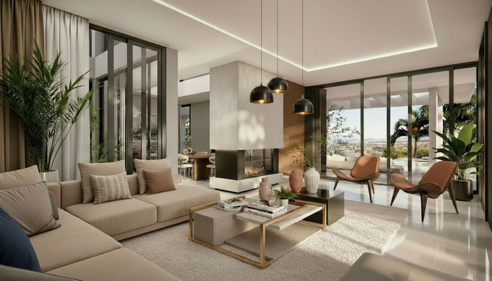 Romslig moderne stue med peis og naturskjønn utsikt i Villa Oria.